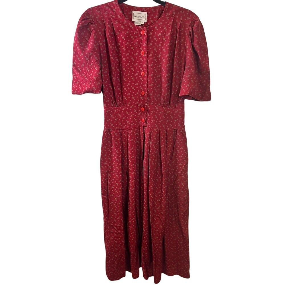 Vintage Karin Stevens Red Clover Print Rayon Midi‎ Dress Button Front Pockets 8